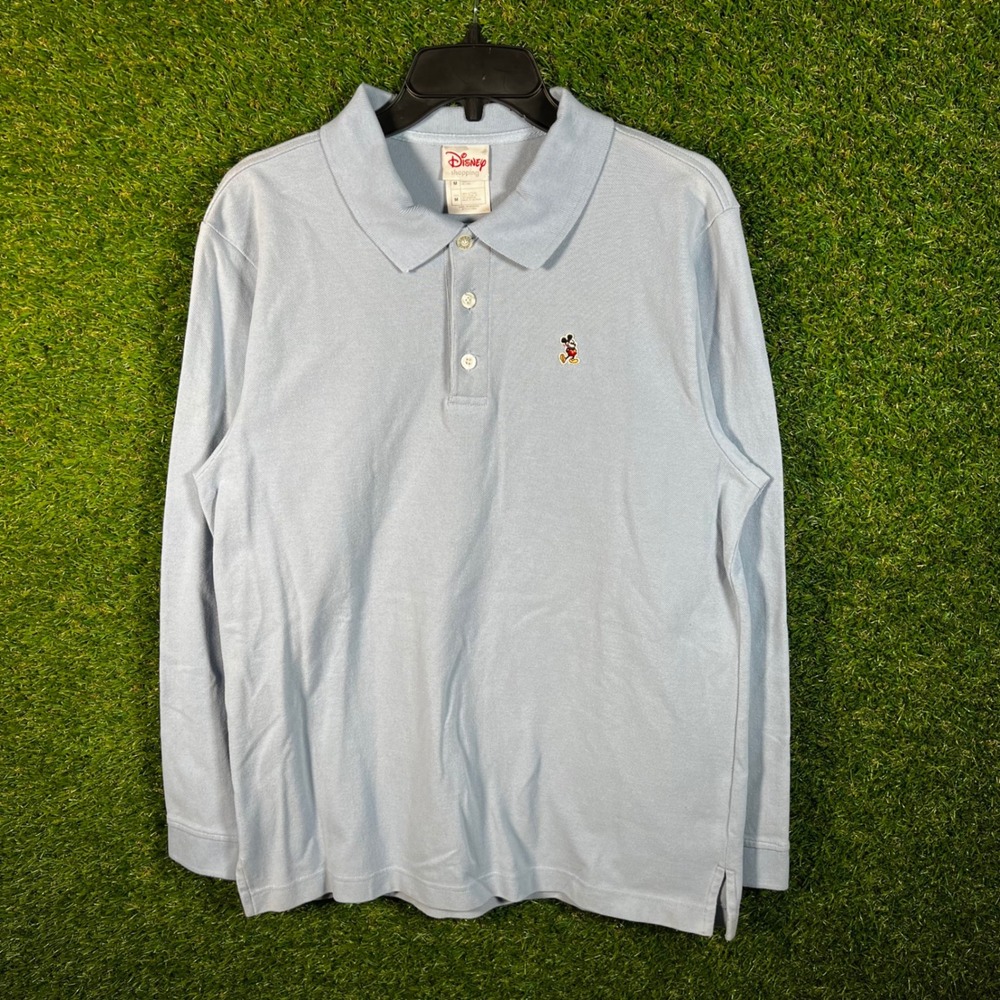Disney Mickey‎ Mouse Long Sleeve Polo Shirt Mens Medium Light Blue Cotton VTG